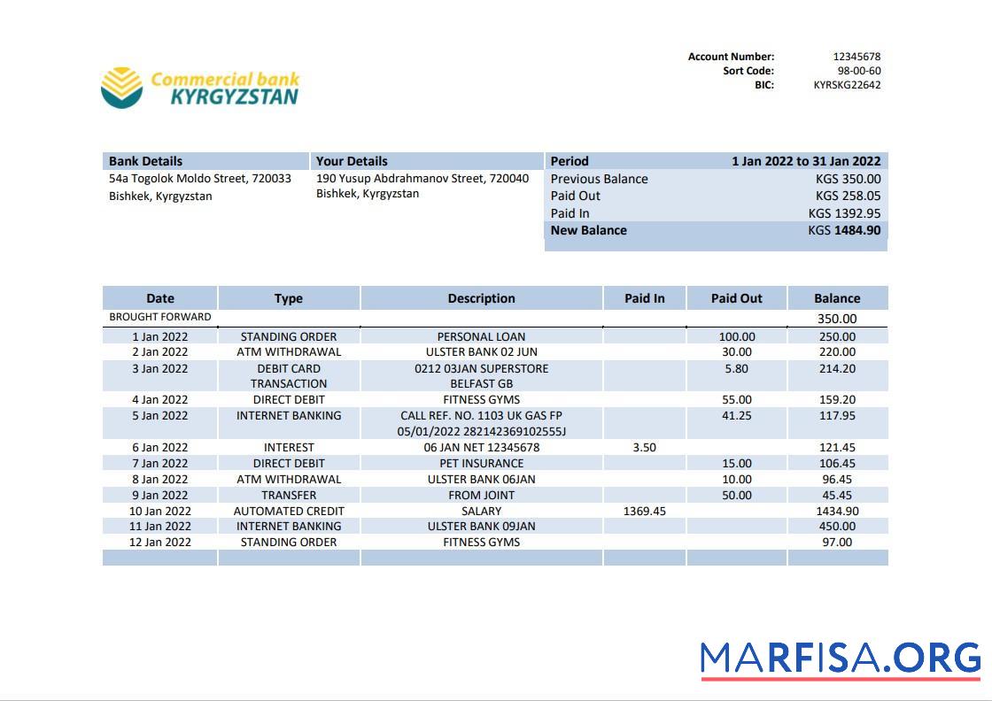 Printable Kyrgyzstan Commercial bank statement word template